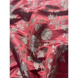 Antique Silk Piece Decorated With Red Poppies