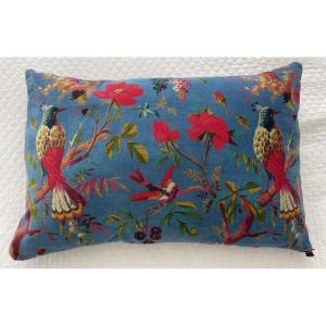 Blue Velvet Cushion With Multicolored Bird Decoration