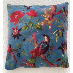 Blue Velvet Cushion With Multicolored Bird Decoration