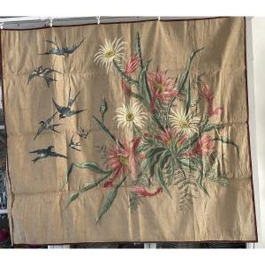 Painted Linen Canvas Bouquet Of Flowers And Birds