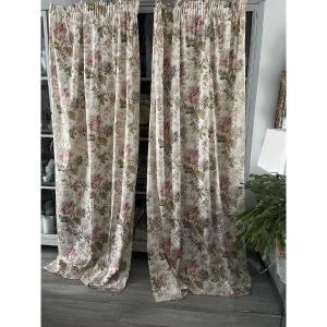 First Pair Of Antique Curtains With Stylized Floral Decoration, White Background