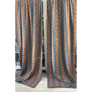 Pair Of Late 19th Century Curtains – Woven In Shades Of Blue And Gold, Trimmed With Fringed Braid