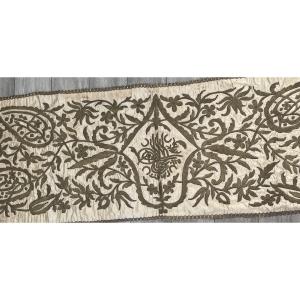  Ottoman Embroidery In Gold Metallic Thread On Cream Silk – With Tugra, 19th Century