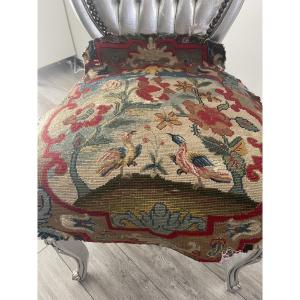 18th-century Armchair Coverlet With Two Birds, Petit Point Tapestry, Floral Decoration