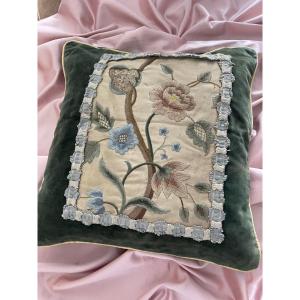 Decorative Cushion With Floral Embroidery, Green Velvet, Antique Style With Trim