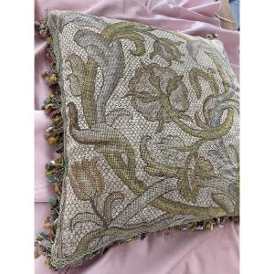 Decorative Cushion In Antique Embroidered Fabric, Silk And Tasseled Trim, Late 19th Century
