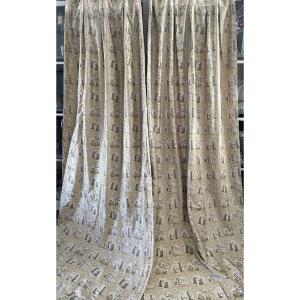 Pair Of Silk Curtains With Empire-style Decor, Featuring Temples, Urns, And Garlands