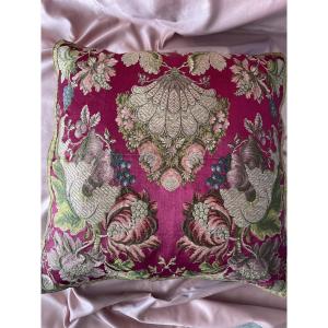 19th Century Brocaded Silk Cushion – Floral And Fruit Decoration On A Fuchsia Background