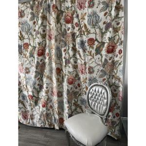 Pair Of Floral Curtains With Lining And Gold Rings , Hangings