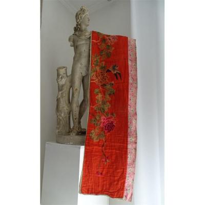Japanese Embroidery On Red Silk Hanging With Floral And Birds Decor