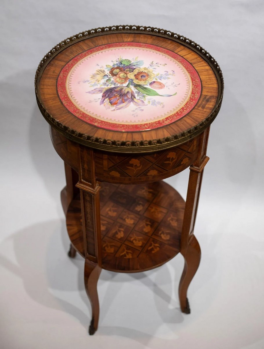 Tavolino Antico Intarsiato Con Vassoio In Porcellana, XIX Secolo-photo-3