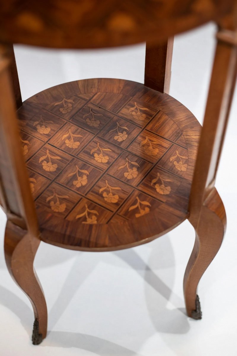 Tavolino Antico Intarsiato Con Vassoio In Porcellana, XIX Secolo-photo-3