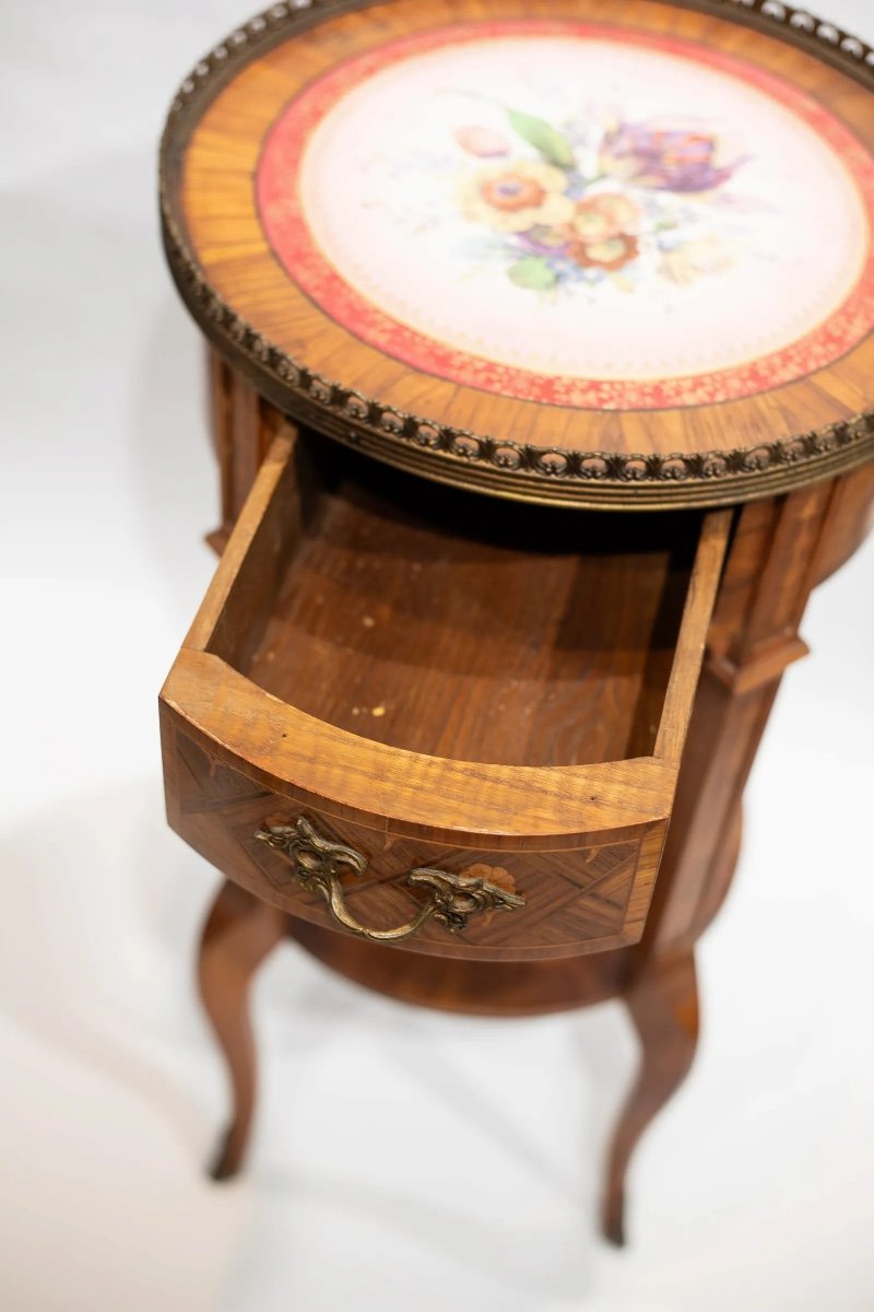 Tavolino Antico Intarsiato Con Vassoio In Porcellana, XIX Secolo-photo-5