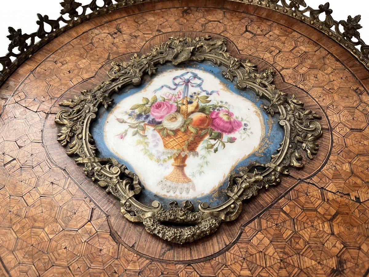 Tavolino Francese Antico Con Piatti Sèvres E Decoro Bronzo, XIX Secolo-photo-2