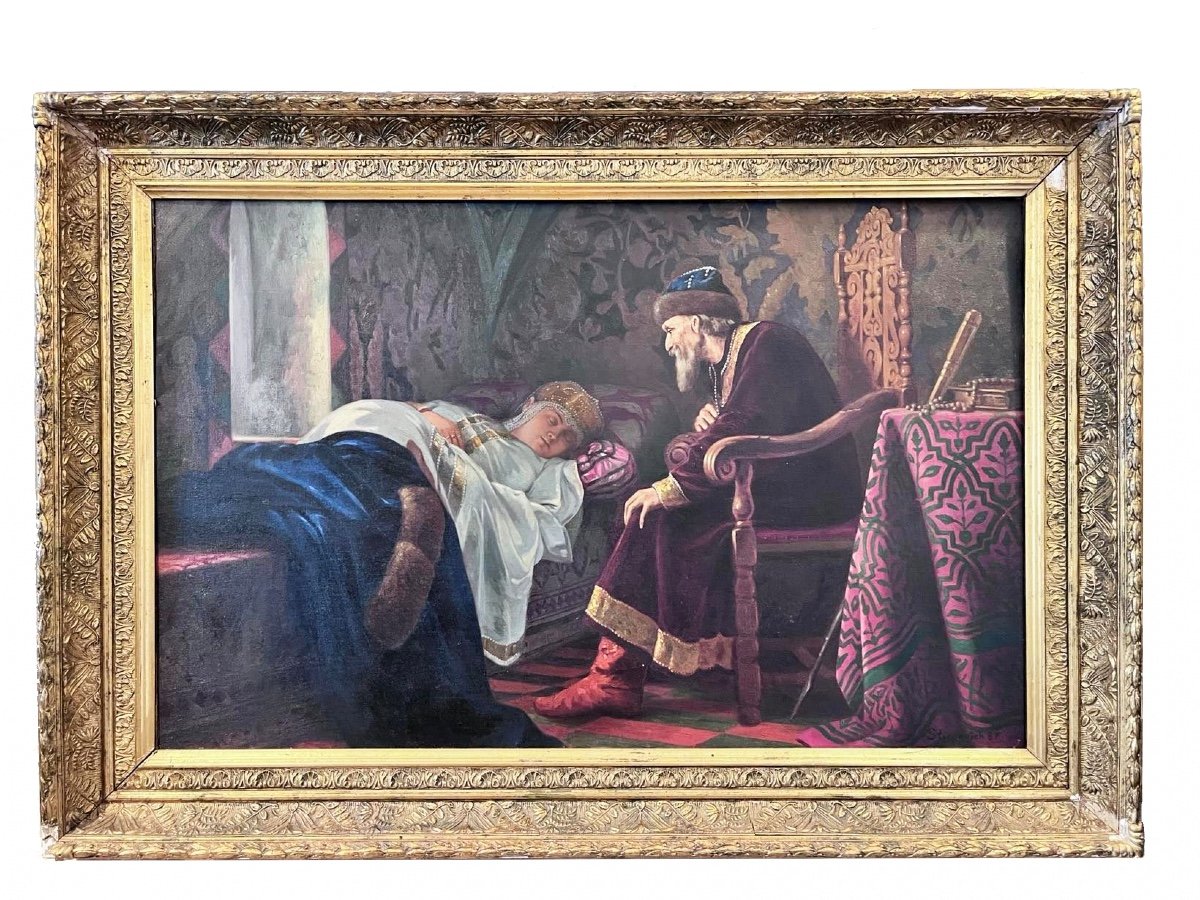 Ancien Tableau Russe Huile Sur Toile, Le Tsar Ivan Le Terrible Admirant Vasilisa Melentyeva-photo-5