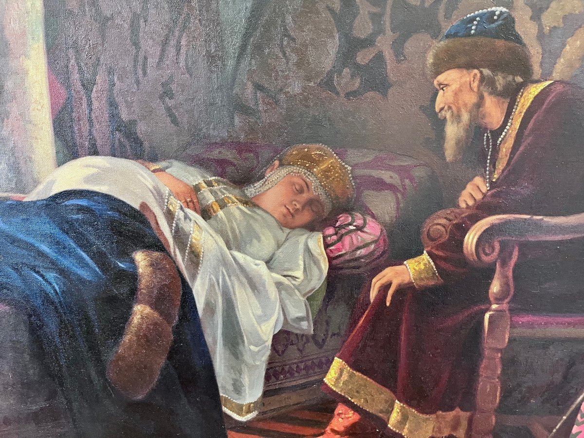 Ancien Tableau Russe Huile Sur Toile, Le Tsar Ivan Le Terrible Admirant Vasilisa Melentyeva-photo-8