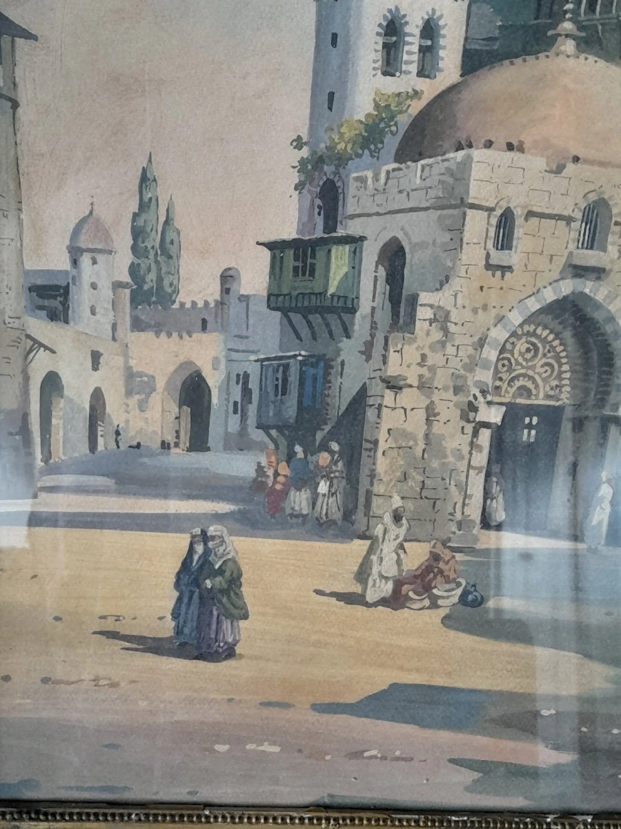 La Peinture Orientaliste Antique Dépeint La Vue Carrée Avec La Mosquée Et Les Personnes-photo-2