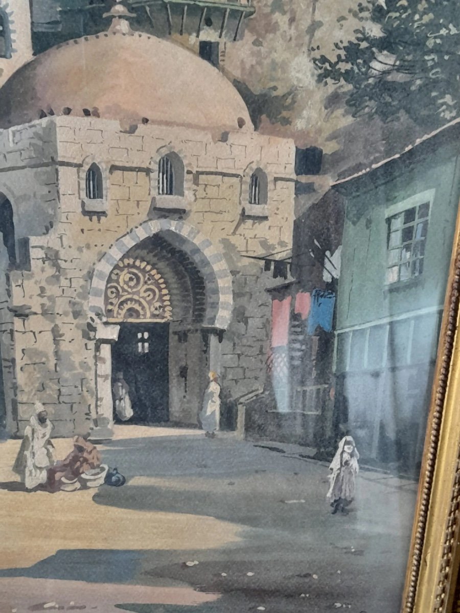 La Peinture Orientaliste Antique Dépeint La Vue Carrée Avec La Mosquée Et Les Personnes-photo-3