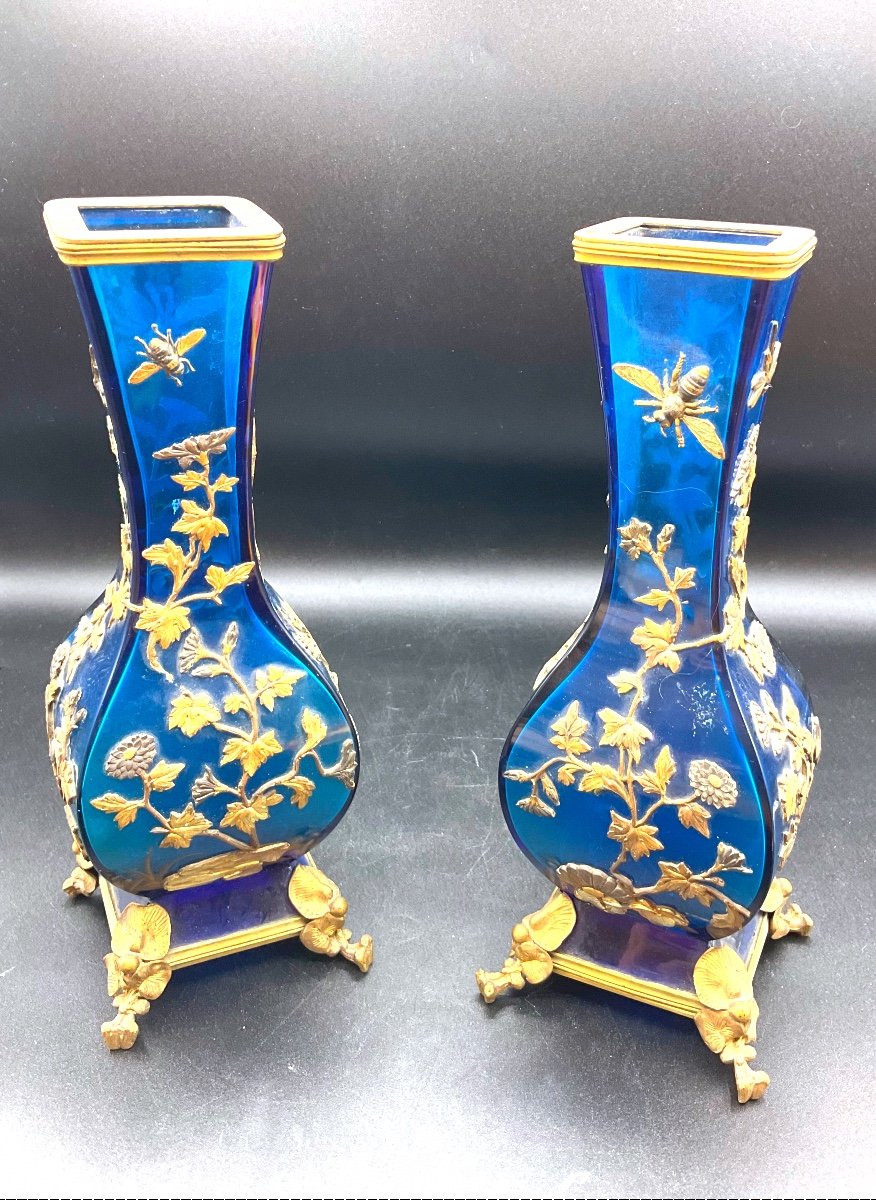 Coppia Di Vasi In Vetro Blu Firmati Alphonse Giroux Parigi, XIX. Influenza giapponese-photo-4