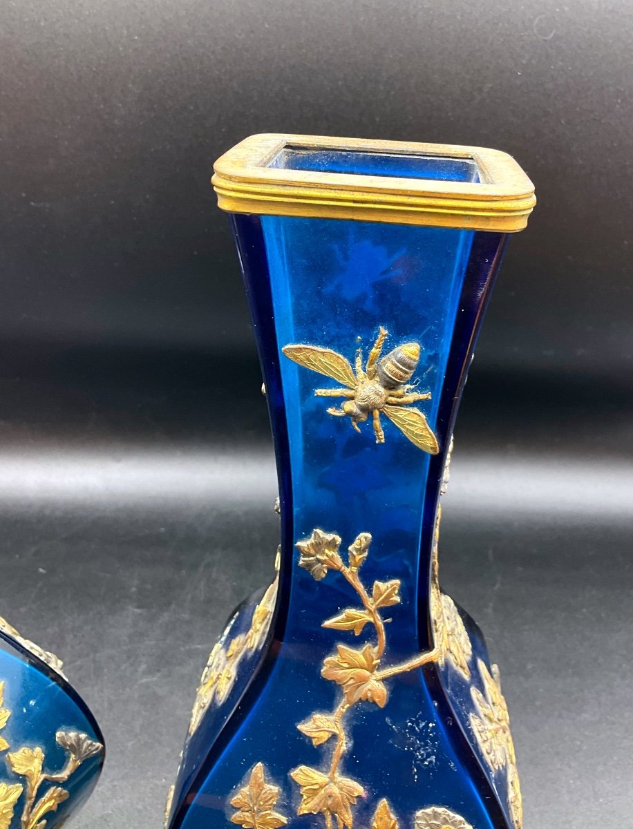Coppia Di Vasi In Vetro Blu Firmati Alphonse Giroux Parigi, XIX. Influenza giapponese-photo-4