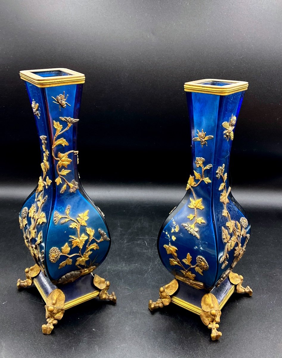 Coppia Di Vasi In Vetro Blu Firmati Alphonse Giroux Parigi, XIX. Influenza giapponese-photo-7