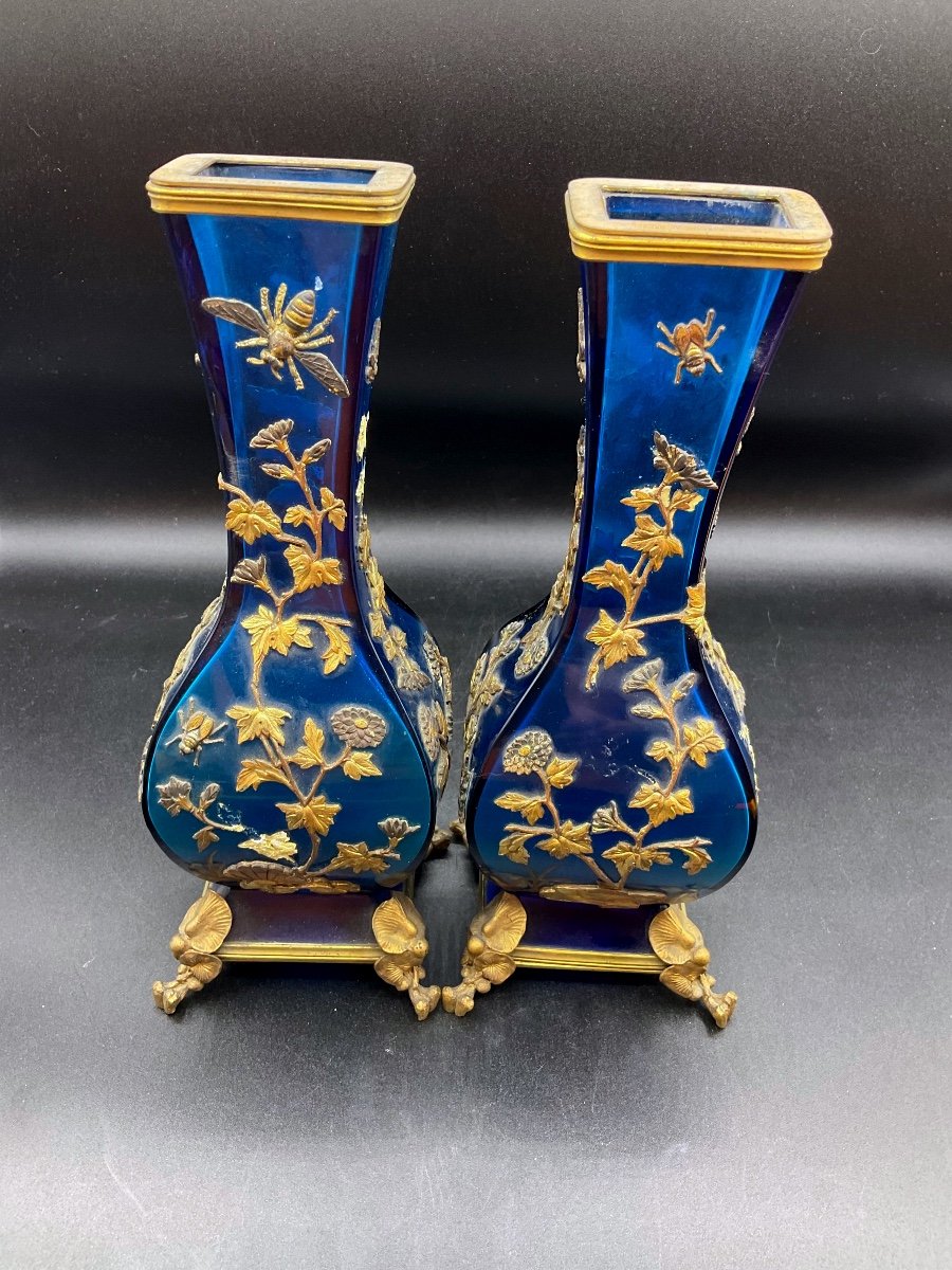 Coppia Di Vasi In Vetro Blu Firmati Alphonse Giroux Parigi, XIX. Influenza giapponese-photo-8