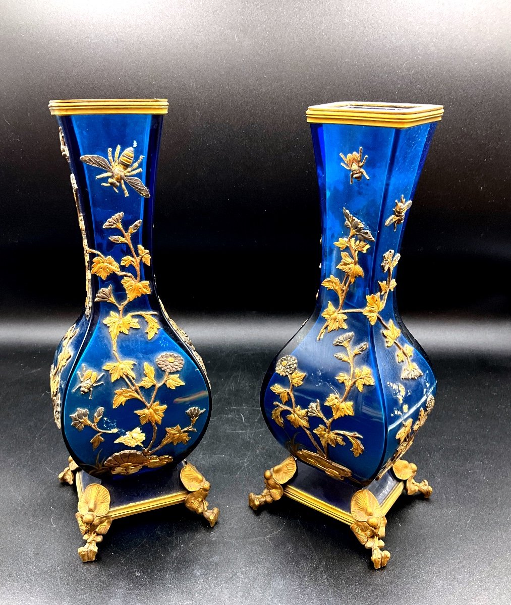 Coppia Di Vasi In Vetro Blu Firmati Alphonse Giroux Parigi, XIX. Influenza giapponese