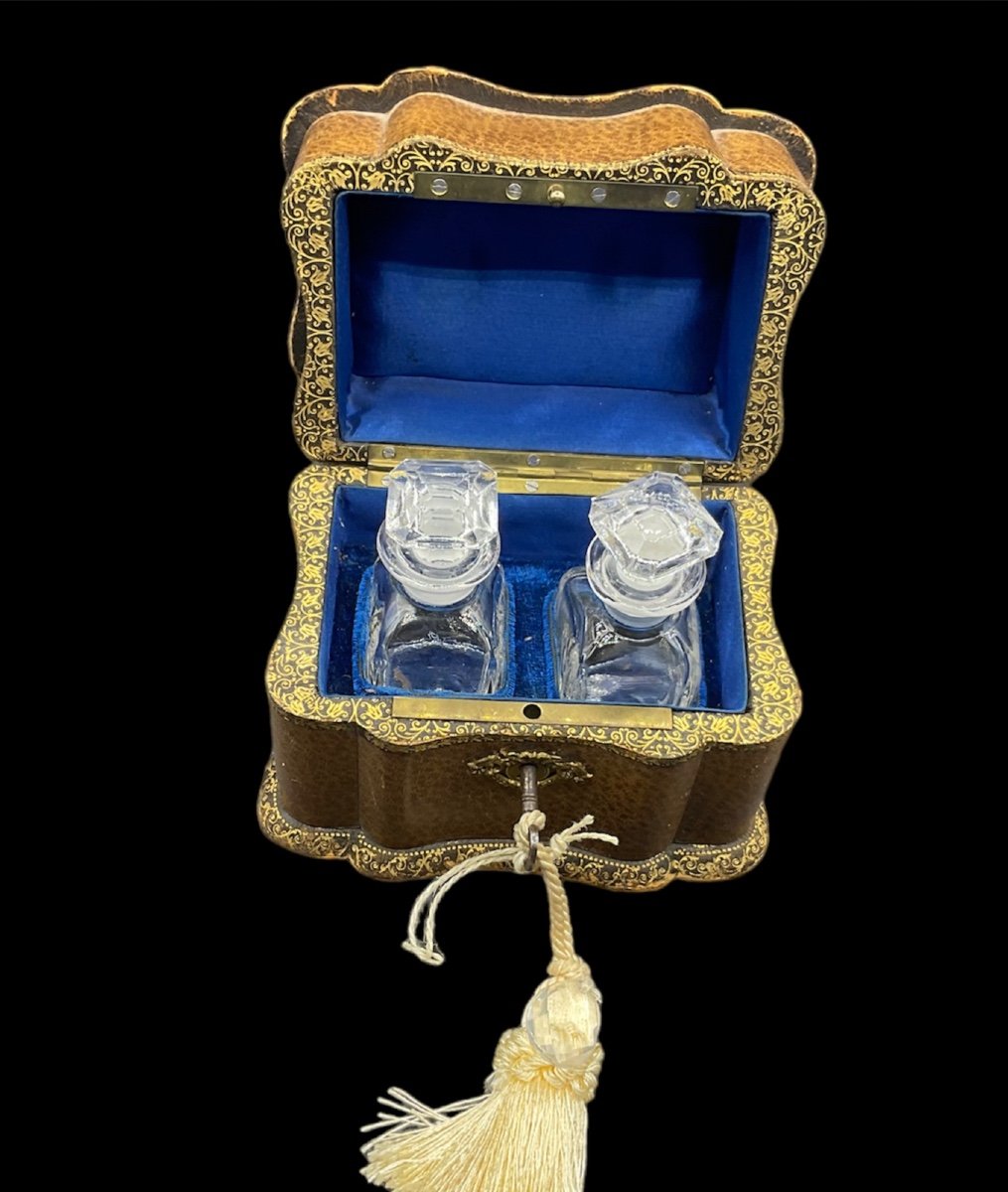 Antica bottiglia di profumo/profumo da viaggio del XIX secolo, in astuccio ornato rilegato -photo-5