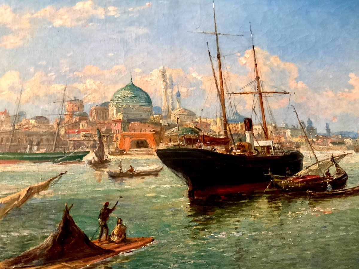 Dipinto orientalista del XIX secolo "Vite del Bosforo" di Fritz Carpentero, olio su tela-photo-1