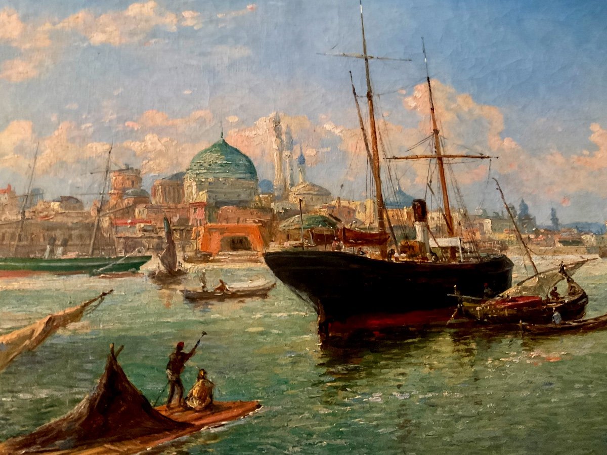Dipinto orientalista del XIX secolo "Vite del Bosforo" di Fritz Carpentero, olio su tela-photo-2