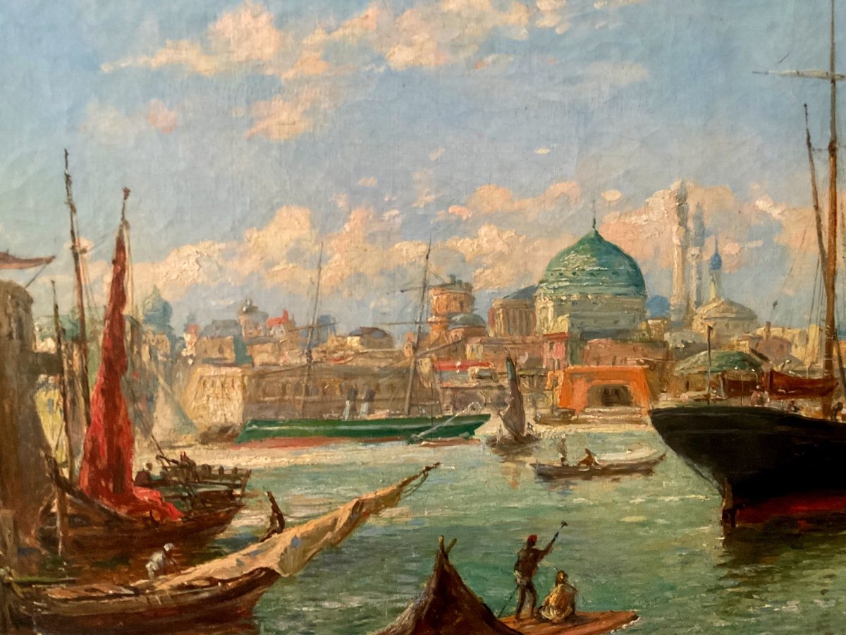 Dipinto orientalista del XIX secolo "Vite del Bosforo" di Fritz Carpentero, olio su tela-photo-6
