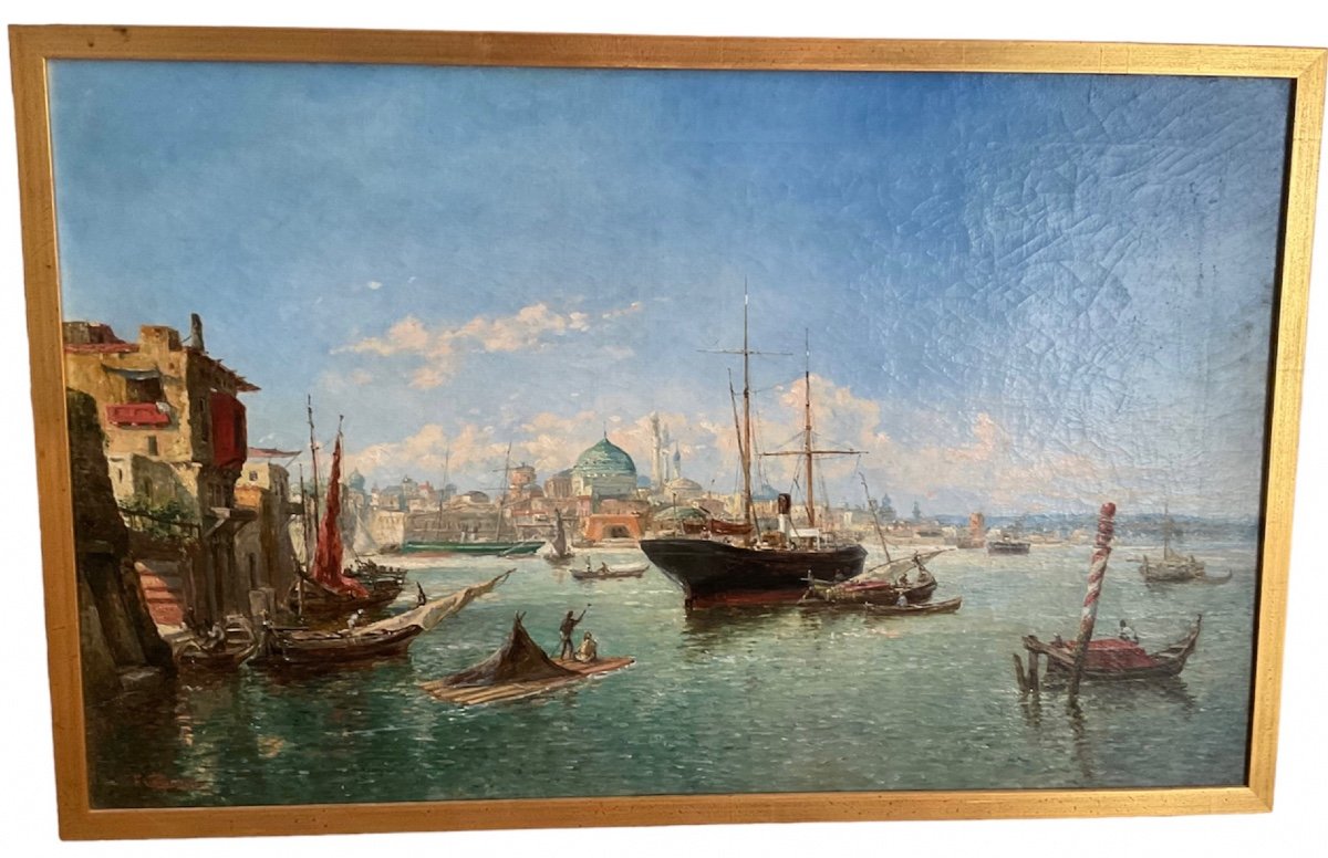 Dipinto orientalista del XIX secolo "Vite del Bosforo" di Fritz Carpentero, olio su tela