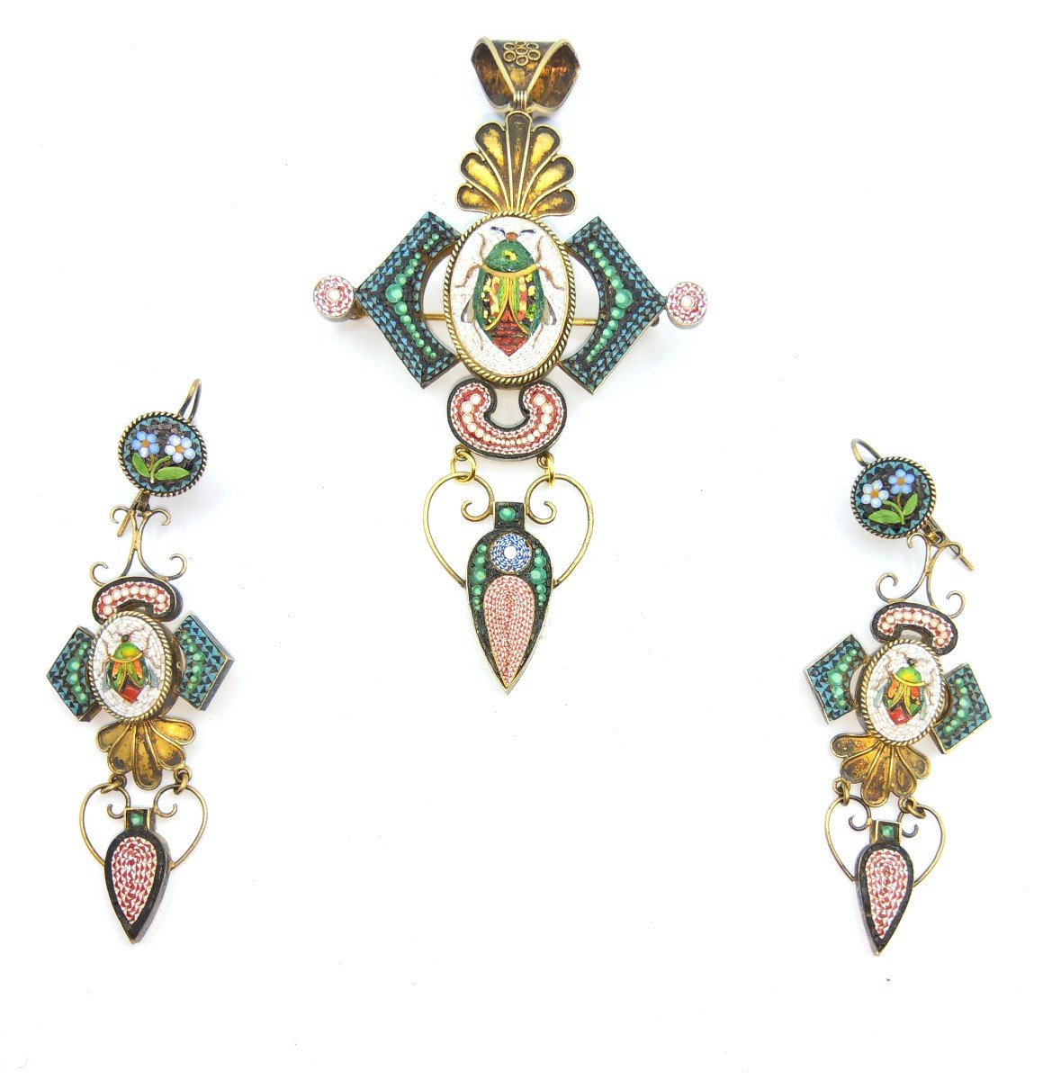 ANTIQUE MOSAIC SCARAB BEETLE set, PENDENTE LOCKET e orecchini