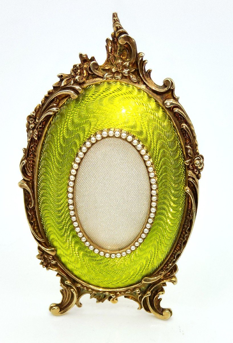 Cornice per foto smaltata arabescata placcata oro argento russo Faberge, smalto verde menta con-photo-2