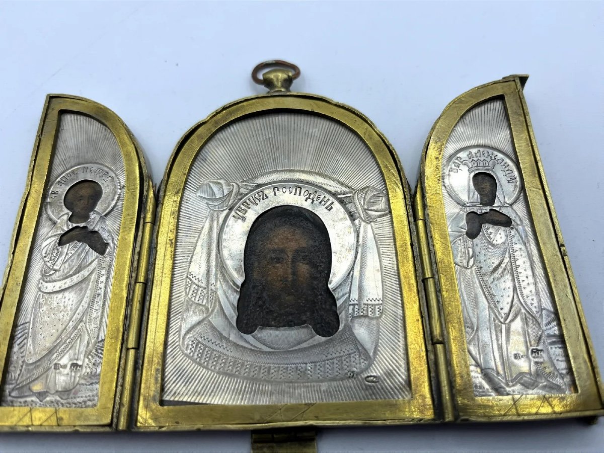 Trittico d'argento russo del XIX secolo Icona da viaggio Sant'Alessandra e San Pietro Apostolo-photo-2