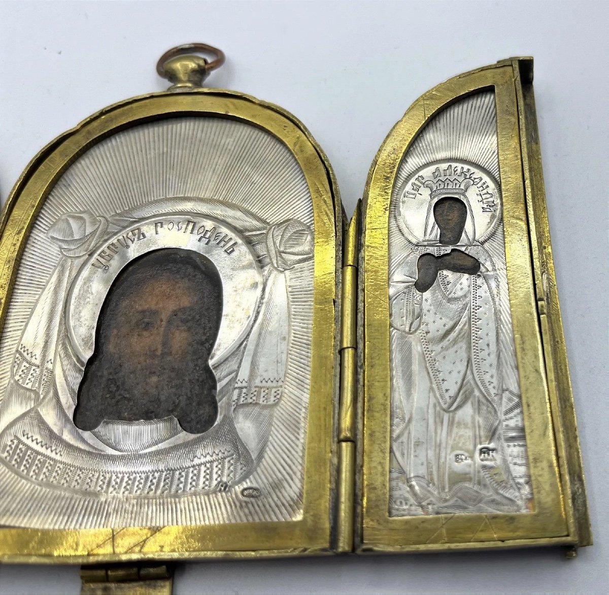 Trittico d'argento russo del XIX secolo Icona da viaggio Sant'Alessandra e San Pietro Apostolo-photo-3