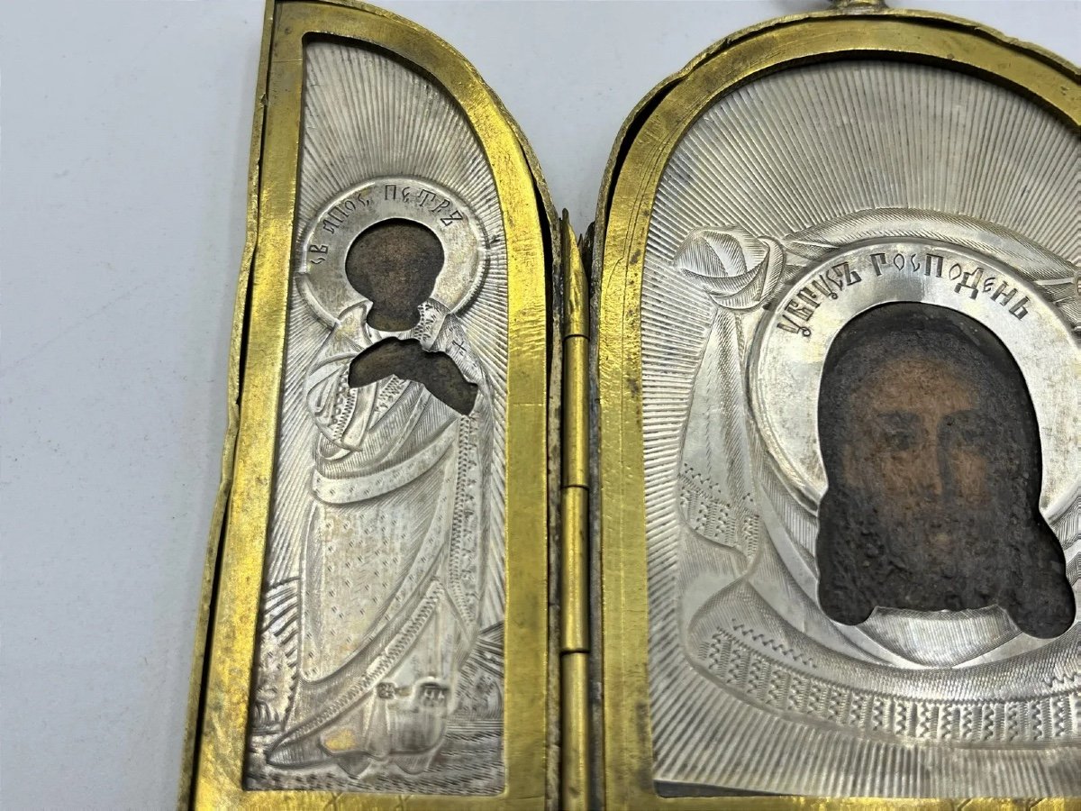 Trittico d'argento russo del XIX secolo Icona da viaggio Sant'Alessandra e San Pietro Apostolo-photo-4