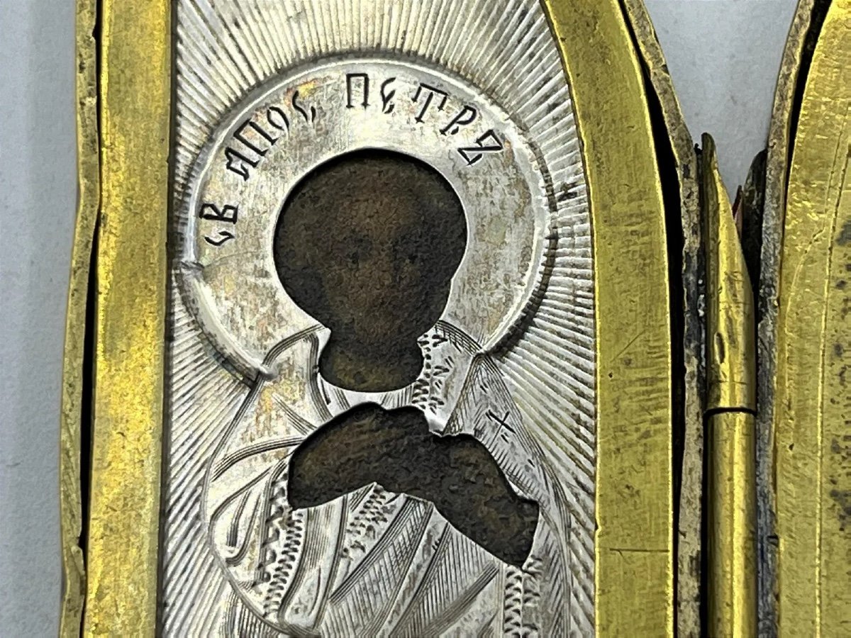 Trittico d'argento russo del XIX secolo Icona da viaggio Sant'Alessandra e San Pietro Apostolo-photo-6