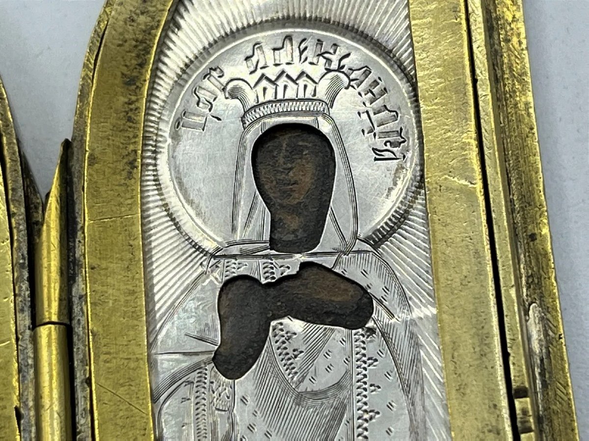 Trittico d'argento russo del XIX secolo Icona da viaggio Sant'Alessandra e San Pietro Apostolo-photo-7