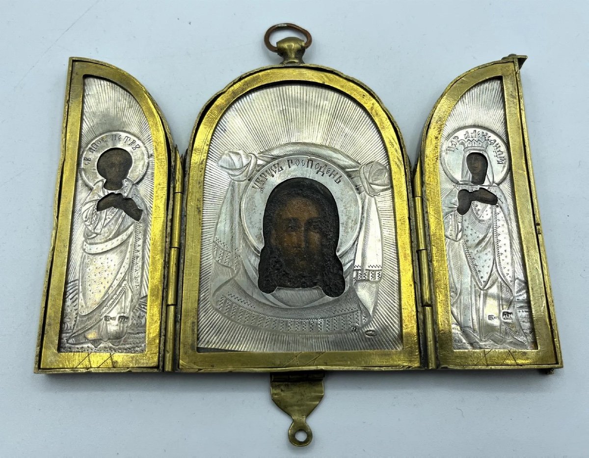 Trittico d'argento russo del XIX secolo Icona da viaggio Sant'Alessandra e San Pietro Apostolo