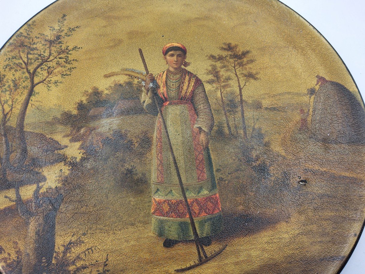 XIX Antico Piatto Laccato Russo Di Vishniakov Raffigurante Una Contadina In Tessuto Tradizional-photo-4
