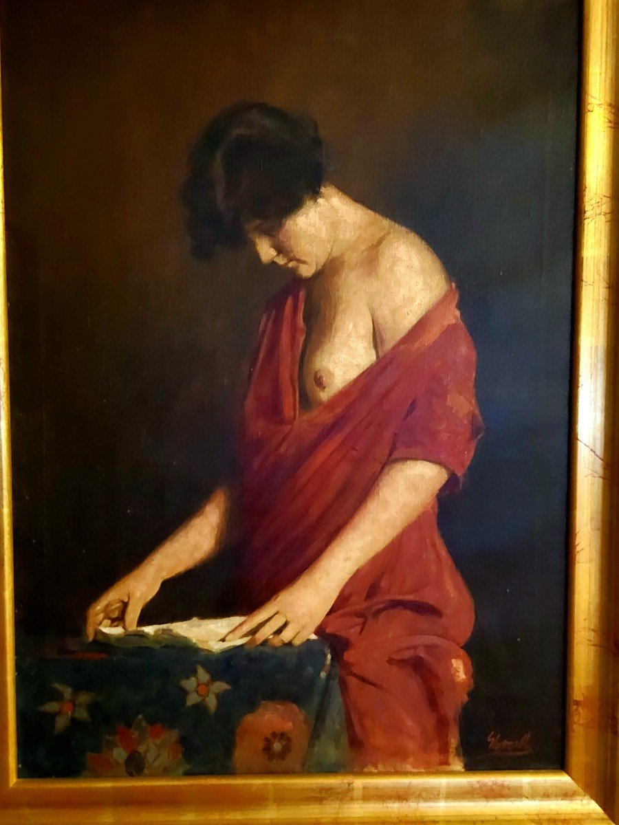 Dipinto realistico di donna, olio su tela, epoca '900-photo-2