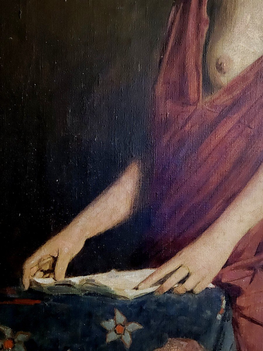 Dipinto realistico di donna, olio su tela, epoca '900-photo-3