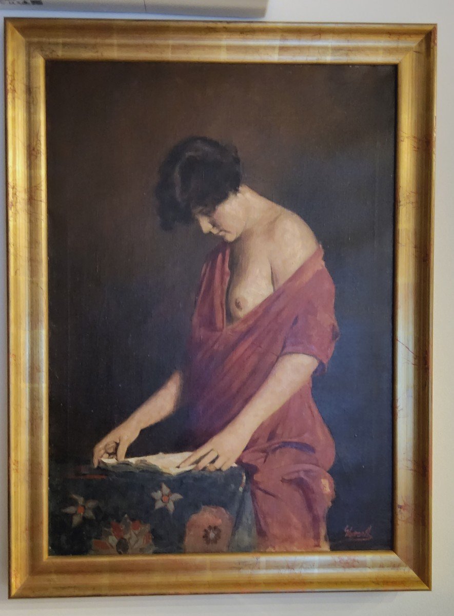 Dipinto realistico di donna, olio su tela, epoca '900-photo-2