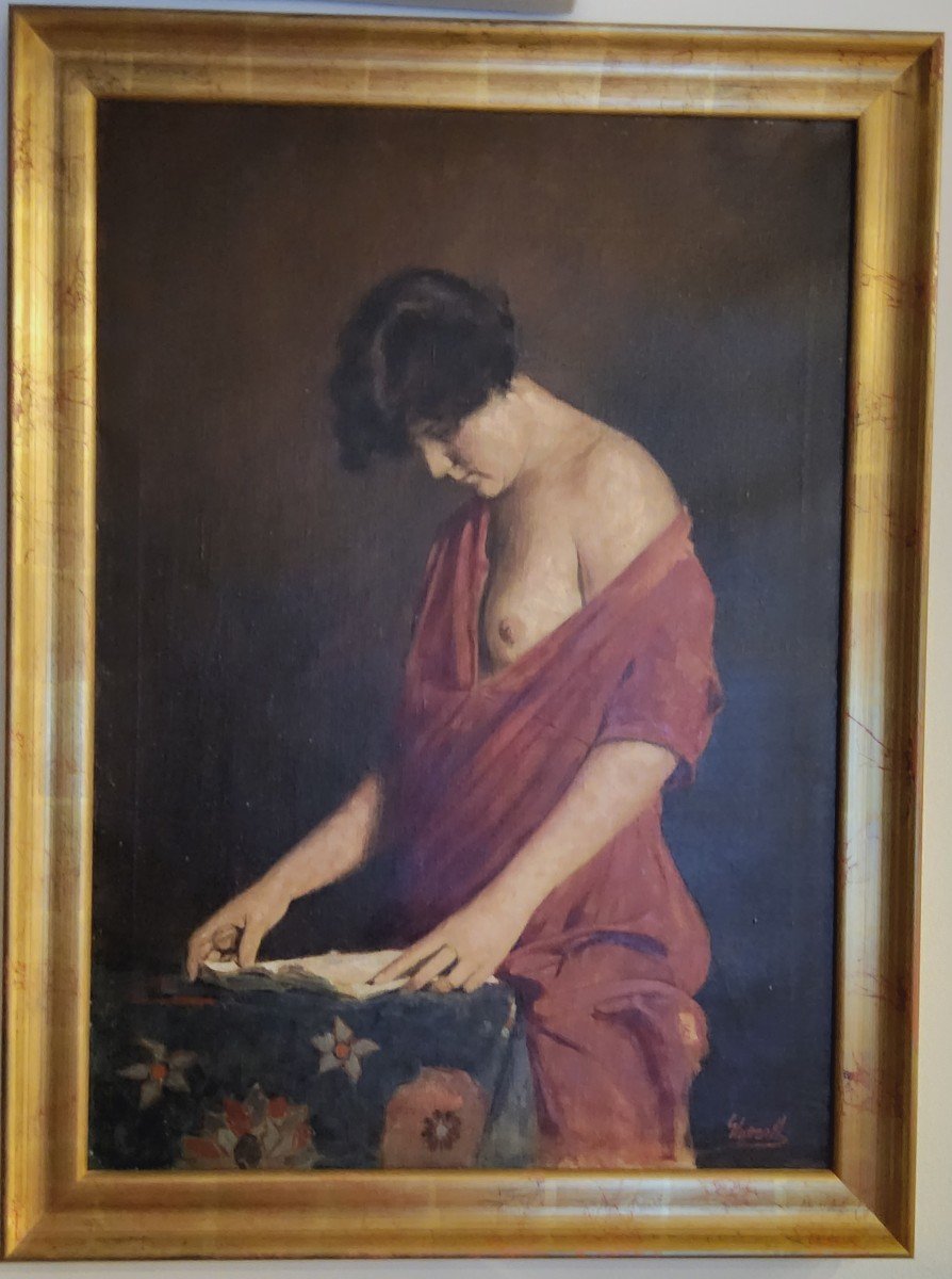 Dipinto realistico di donna, olio su tela, epoca '900