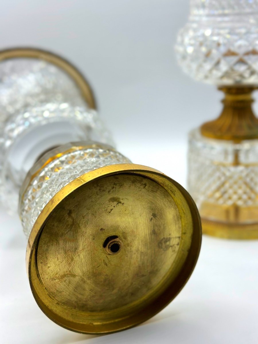 Coppia di vasi in vetro cristallo molato montati in bronzo dorato CharlesX Medici-photo-3