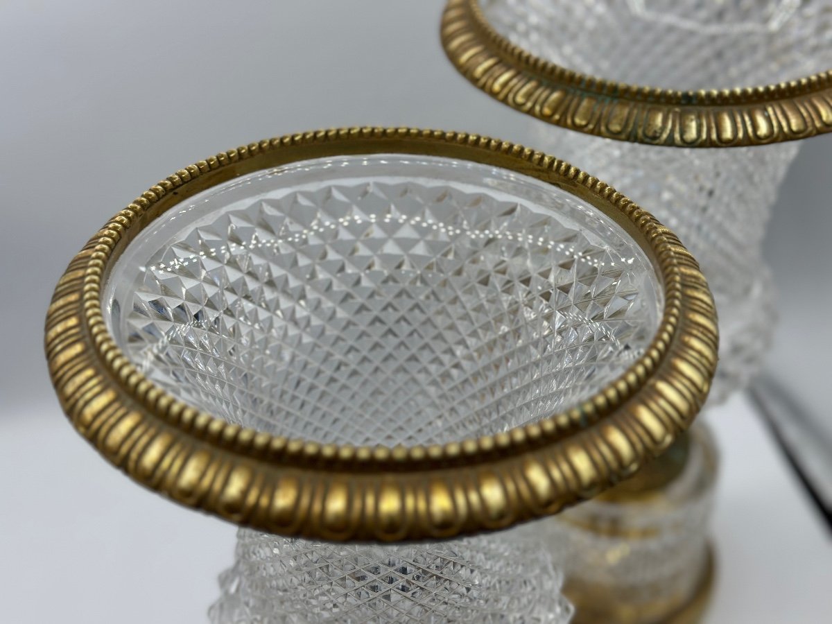 Coppia di vasi in vetro cristallo molato montati in bronzo dorato CharlesX Medici-photo-6
