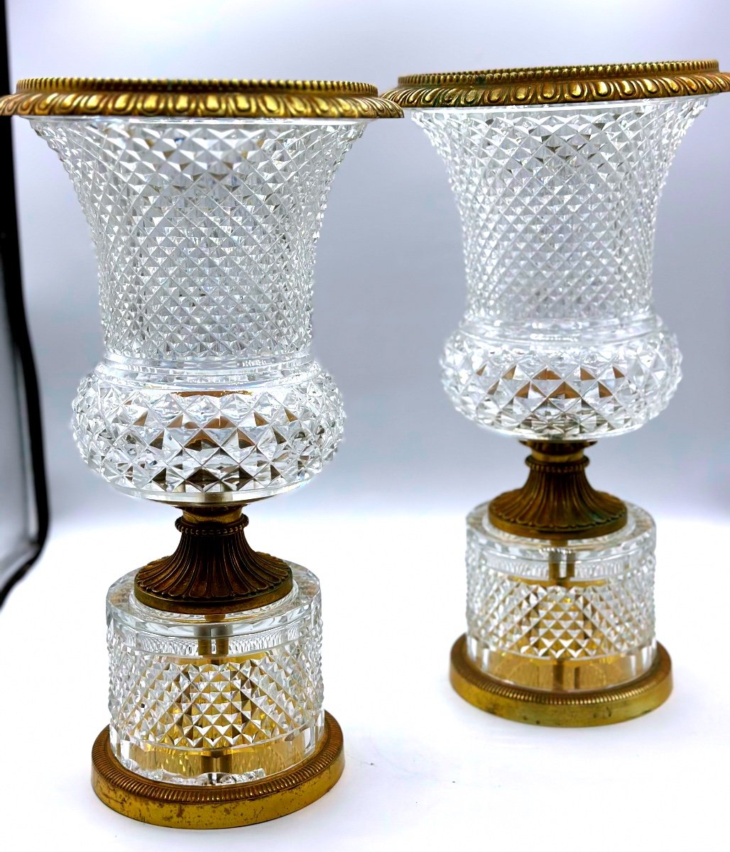 Coppia di vasi in vetro cristallo molato montati in bronzo dorato CharlesX Medici-photo-8