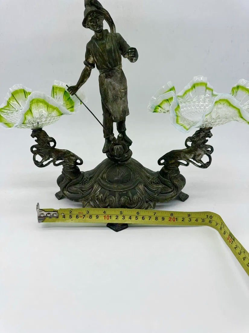 Centrotavola Art Nouveau con 3 ciotole in vetro verde opalescente-photo-4