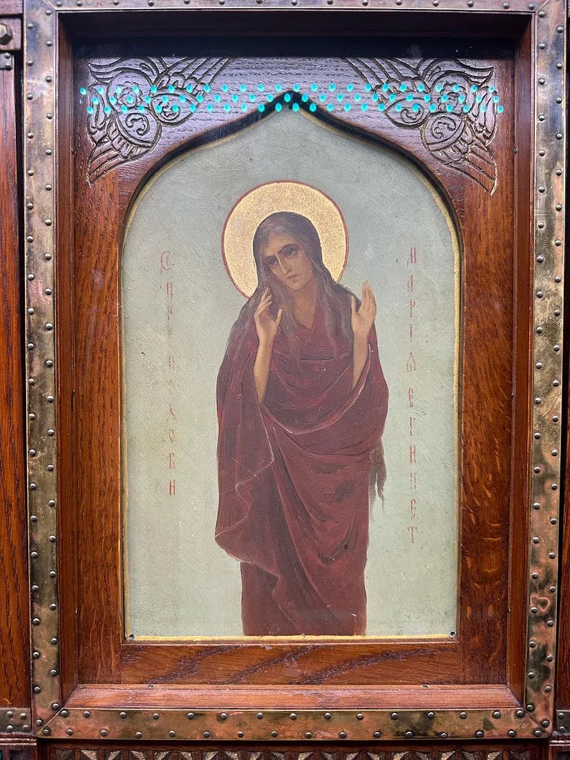 Antica icona russa di Maria d'Egitto, scuola di Talashkino.XIX secolo-photo-4